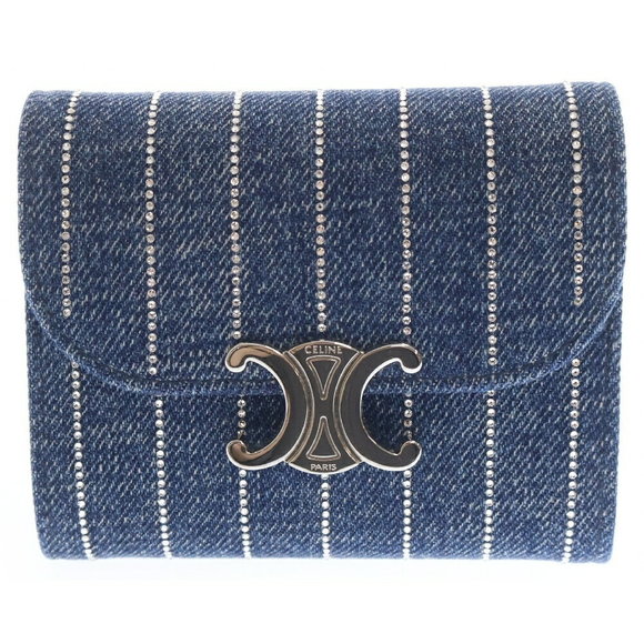 Celine Triomphe Rhinestones Stripes Wallet Blue Denim Flap Tri - Picture 1 of 6